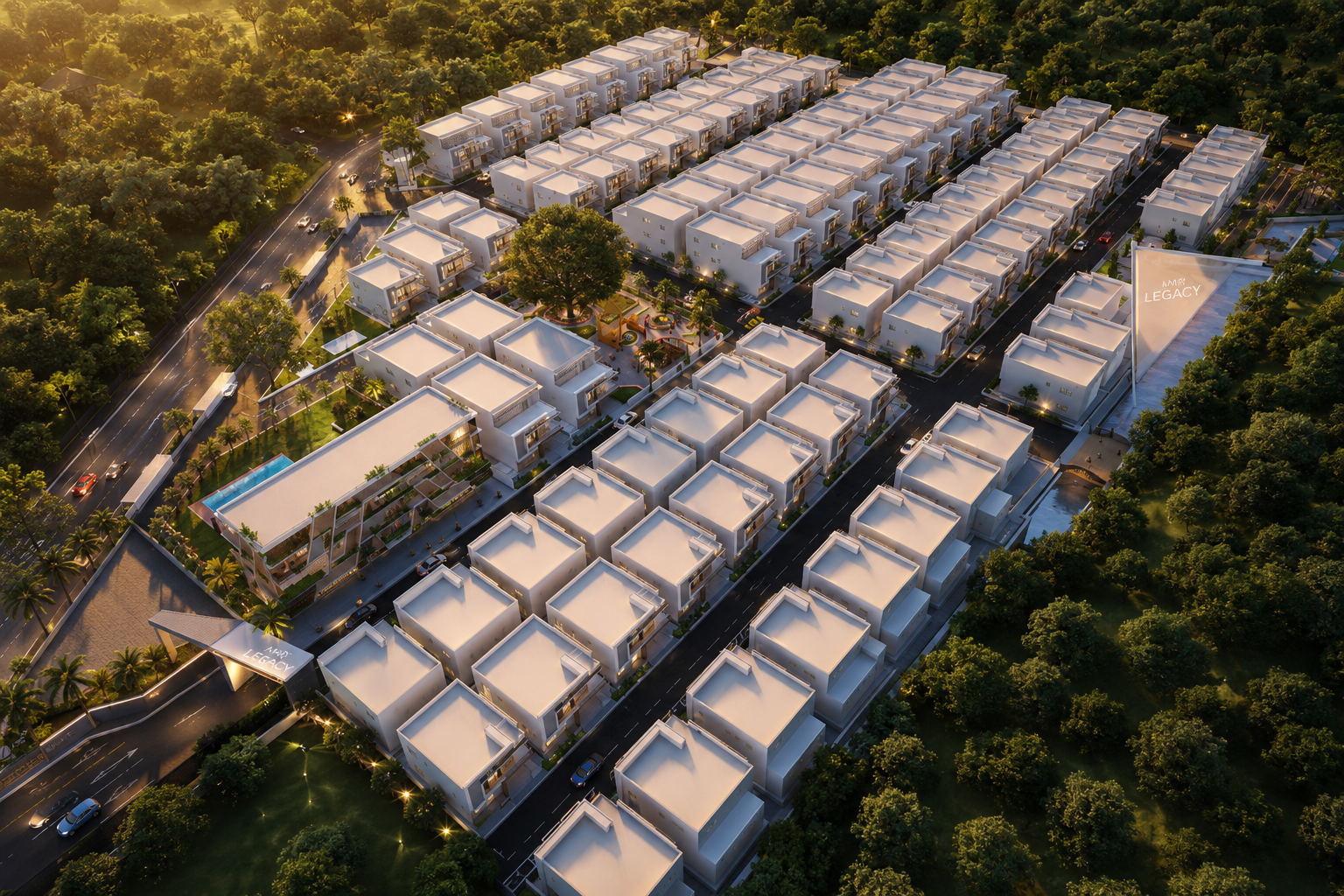 Aerial view of the AMR Legacy villa community at sunset